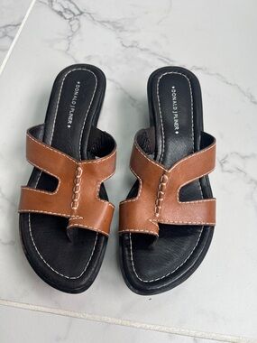 Donald J. Pliner Tan Leather Slide Sandals with Black Footbed